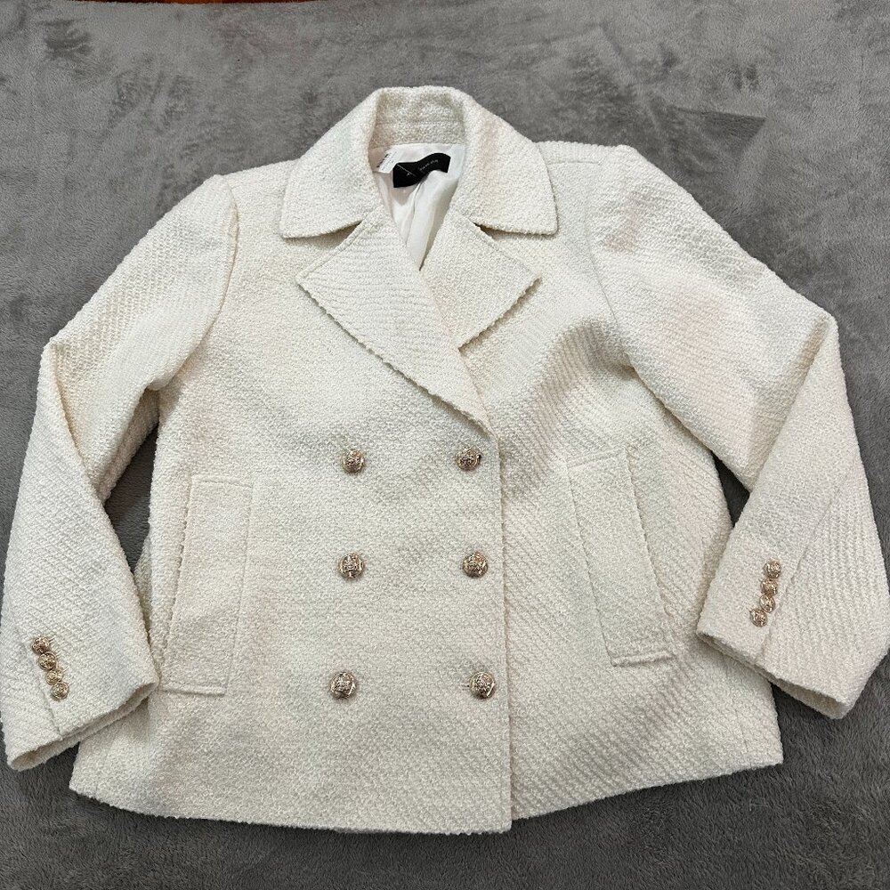 NWT Ann Taylor 2025 Tweed Double Breasted Pea Coat LARGE Winter White Wool Blend